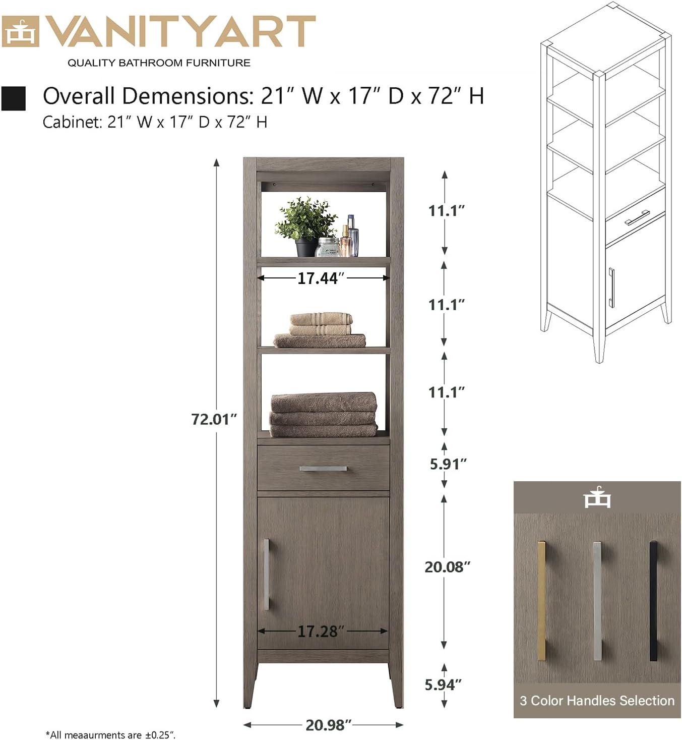 Vanity Art 21' Bathroom Vanity with Storage Cabinet & Shelves, Storage Cabinet with Soft-Closing Doors, VA90-LC-DG-BN1