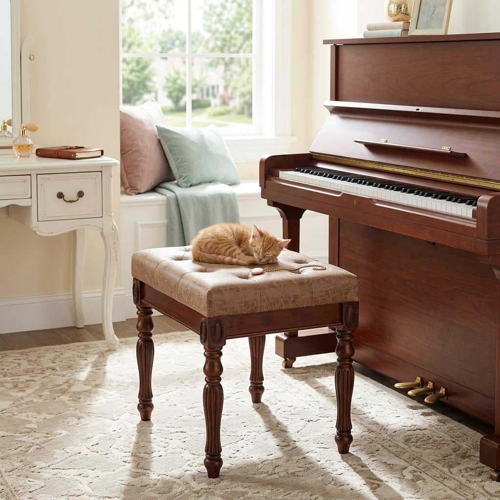 Vanity Bench Stool with Padded Cushion, Piano Bench with Solid Wood Carving Legs, Home Chairs Button Breathing Leather Upholstered Seat, 18.5' x 14.2' x 19.1' Easy Assembly, Yellowish Brown FD1533LT