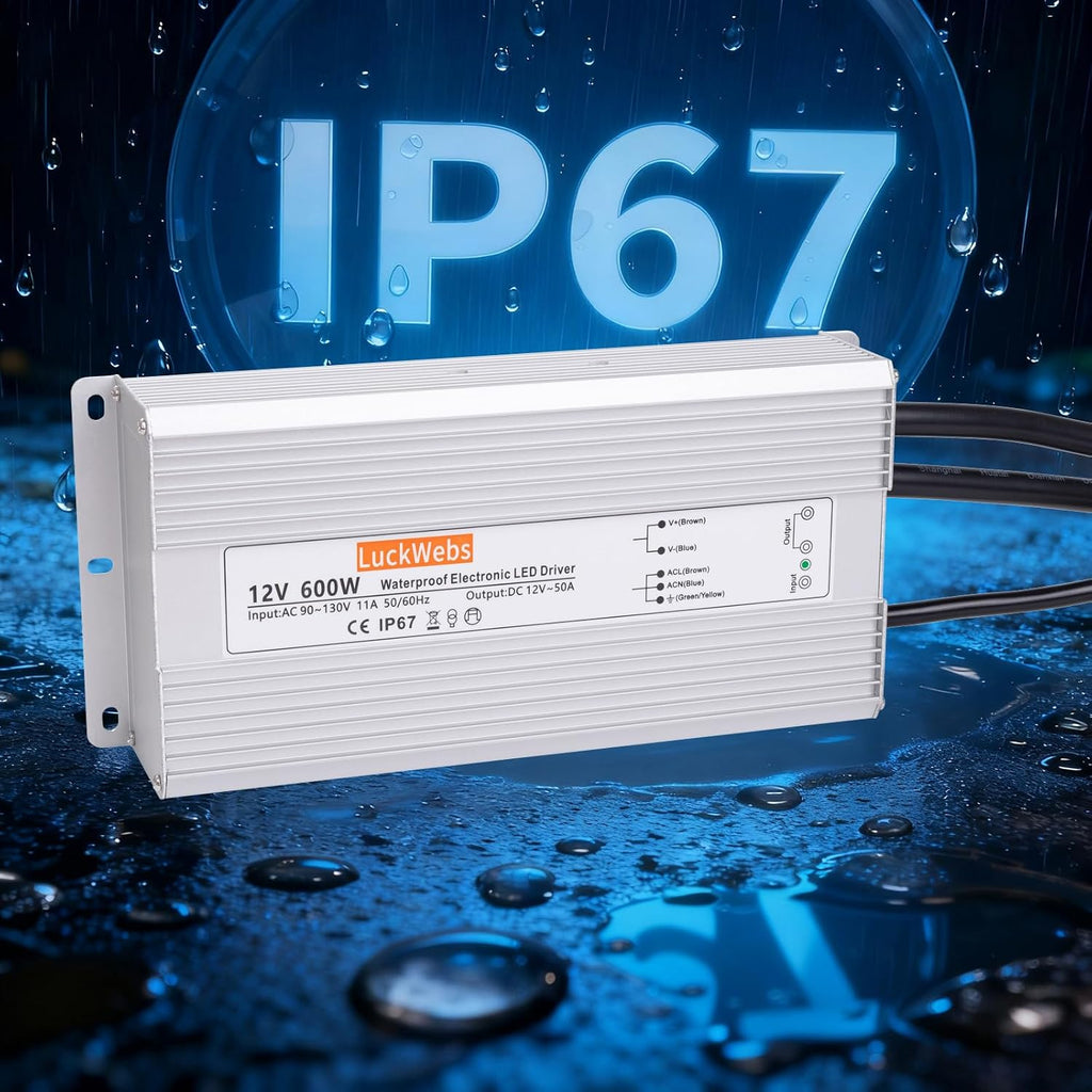 LED Driver 12V 600W Waterproof Power Supply AC 90-130V to DC 12V50A Low-Voltage IP67 Switching Power Supply Outdoor LED Garden Landscape Lights LED Strip Light Spotlights Transformer