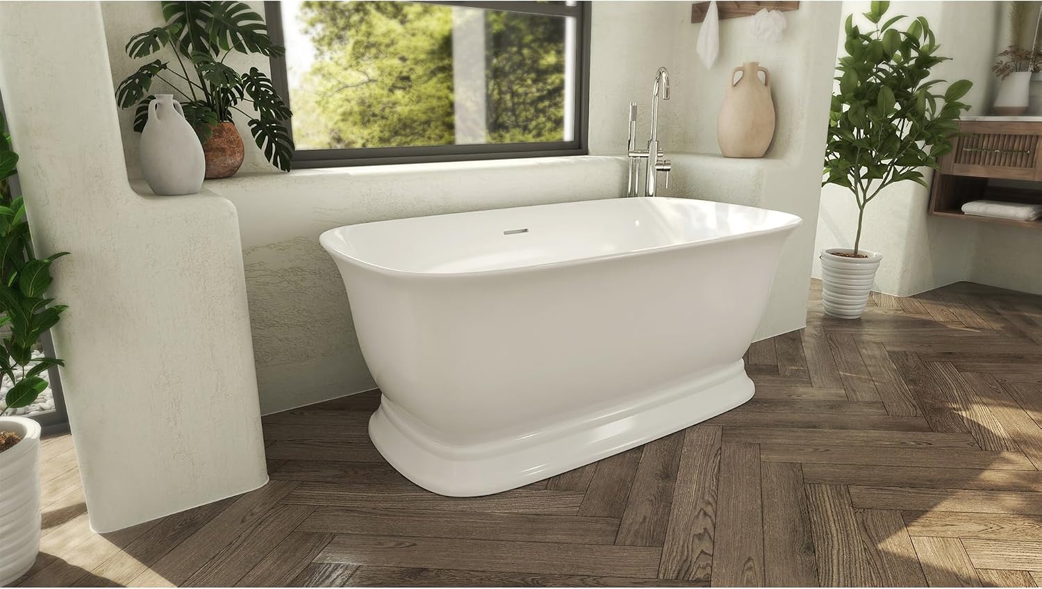 Ascend 67 in. L x 31-1/2 in. W x 23-5/8 in. H Freestanding Acrylic Bathtub, Brushed Nickel Drain