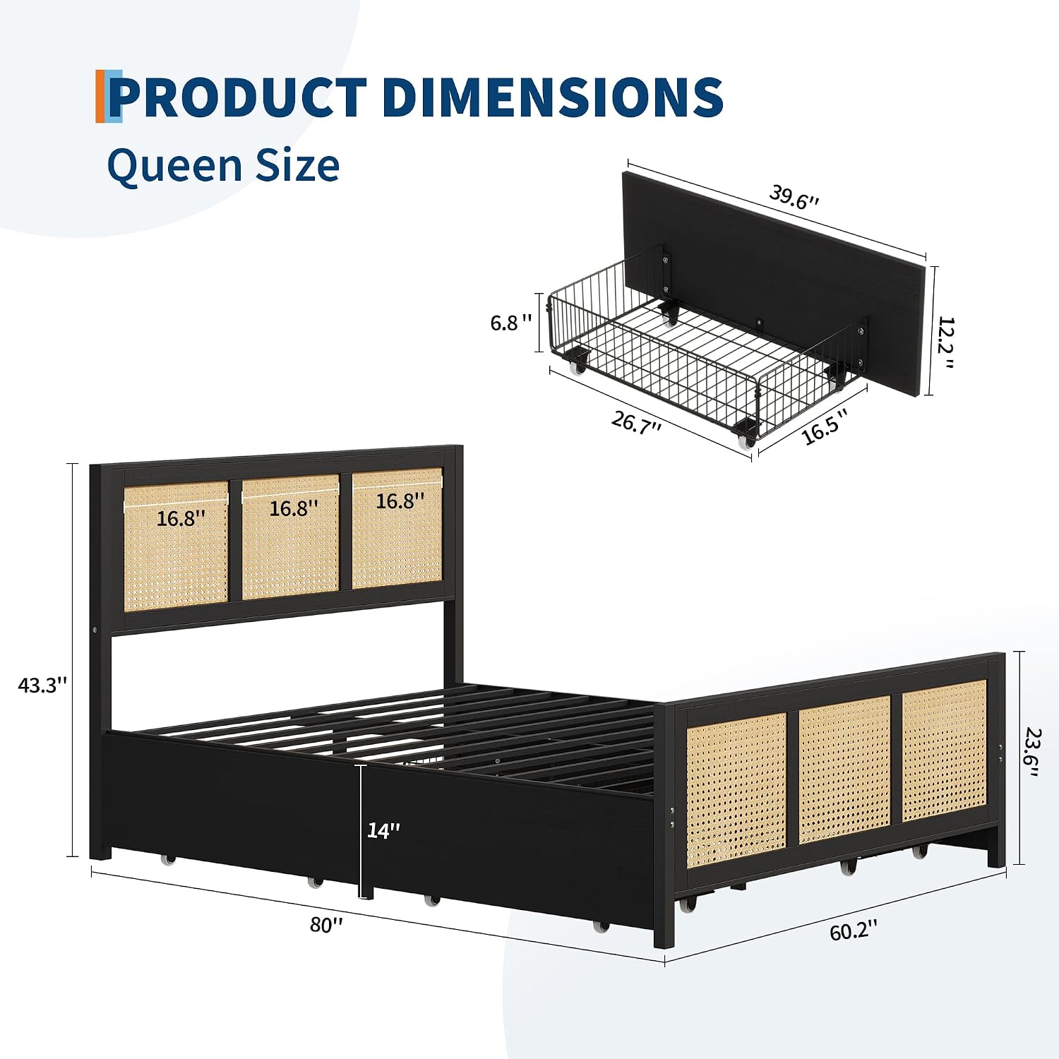 GarveeHome Black Rattan Bed Frame with Headboard, Boho Cane Platform Queen Bed Frame with 4 Drawers, Strong Metal Slats Support, Noise Free, No Box Spring Needed