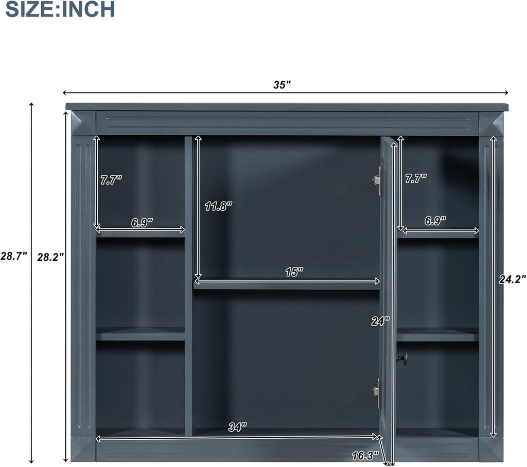 Merax Medicine Cabinet with Mirror, Wall Mount Bathroom Cabinet 35' x 28' Over Toilet Storage Cabinet Organizer with Door and Open Shelves, Mirrored Bathroom Wall Cabinet