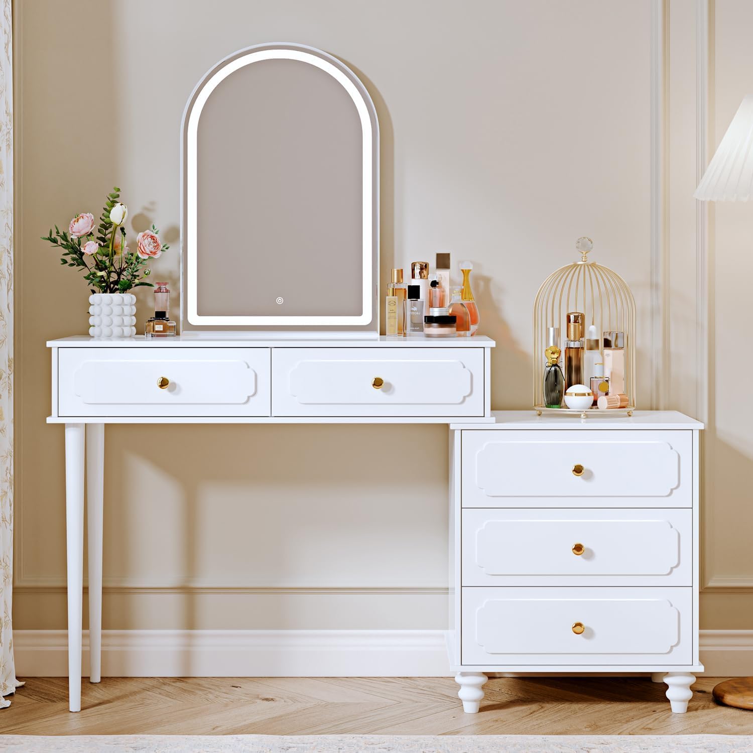Ieejdn White,Vanity Desk with Mirror and Lights,Makeup Vanity with Power Outlet and Adjustable Cabinet,Modern Makeup Table with 3 Drawers for Bedroom Makeup Room
