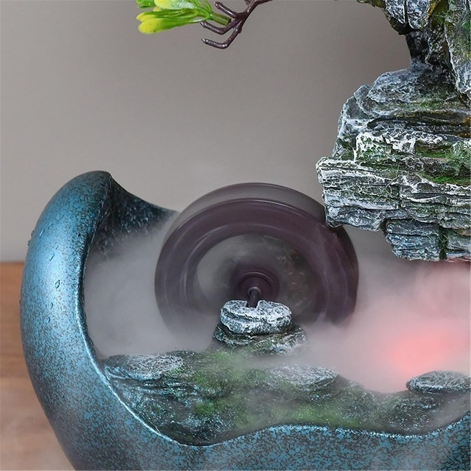 Tabletop Water Fountain Tabletop Waterfall Fountain – Adjustable Pump or Faux Bonsai Tree, Resin Indoor Desk Fountain Décor Office Relaxation Meditation Fountain(Gold)