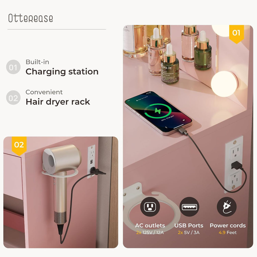 Otterease Vanity Desk with LED Lighted Mirror&Power Outlet, 3 Lighting Colors Makeup Vanity Desk with 5 Large Drawers and 3 Storage Shelves, Pink Vanity with Storage Stool for Bedroom