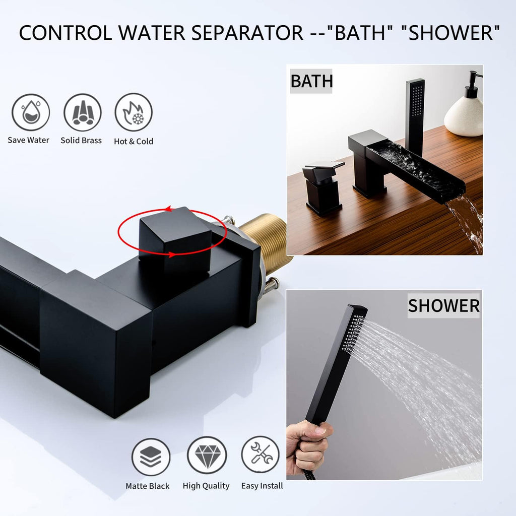Black Roman Tub Faucet with Hand Shower, Deck-Mount Bathtub Faucet Tub Filler with Sprayer Waterfall Tub Faucet Set