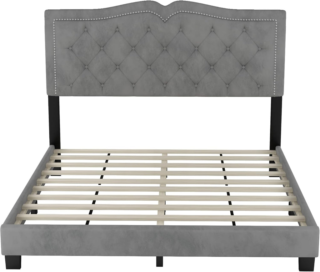 VilroCaz Elegant Velvet Design 3-Pieces Bedroom Sets, Modern Full Size Platform Bed with 2 Nightstands, Bedside Table, Rivet Design Tufted Headboard (Grey-CB, Full)