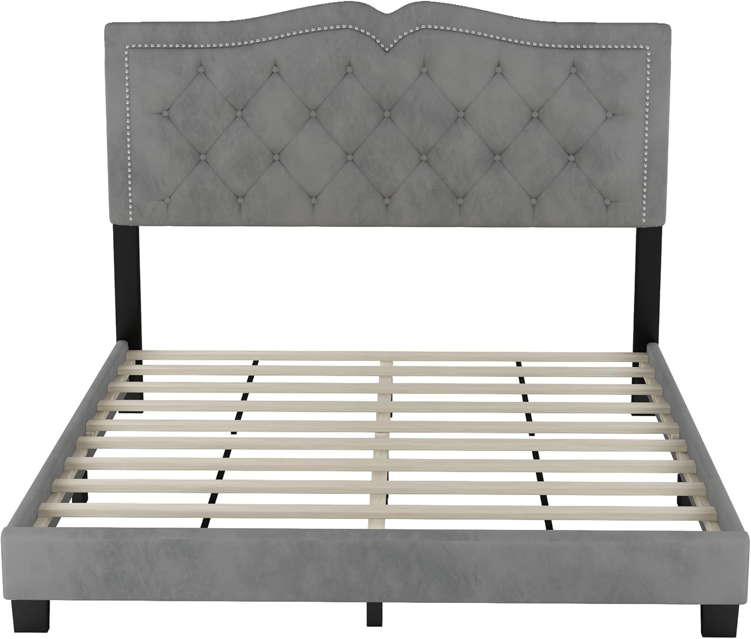 VilroCaz Elegant Velvet Design 3-Pieces Bedroom Sets, Modern Full Size Platform Bed with 2 Nightstands, Bedside Table, Rivet Design Tufted Headboard (Grey-CB, Full)
