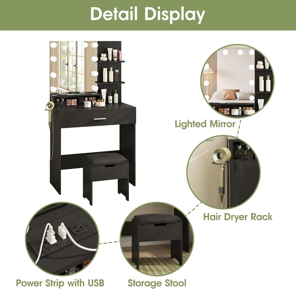 Vabches Small Vanity Desk with Mirror and Lights, Makeup Vanity with Storage Chair & Power Strip,Girl Dressing Table Set with Drawer for Bedroom,3 Lighting Modes,Brightness Adjustable,Black