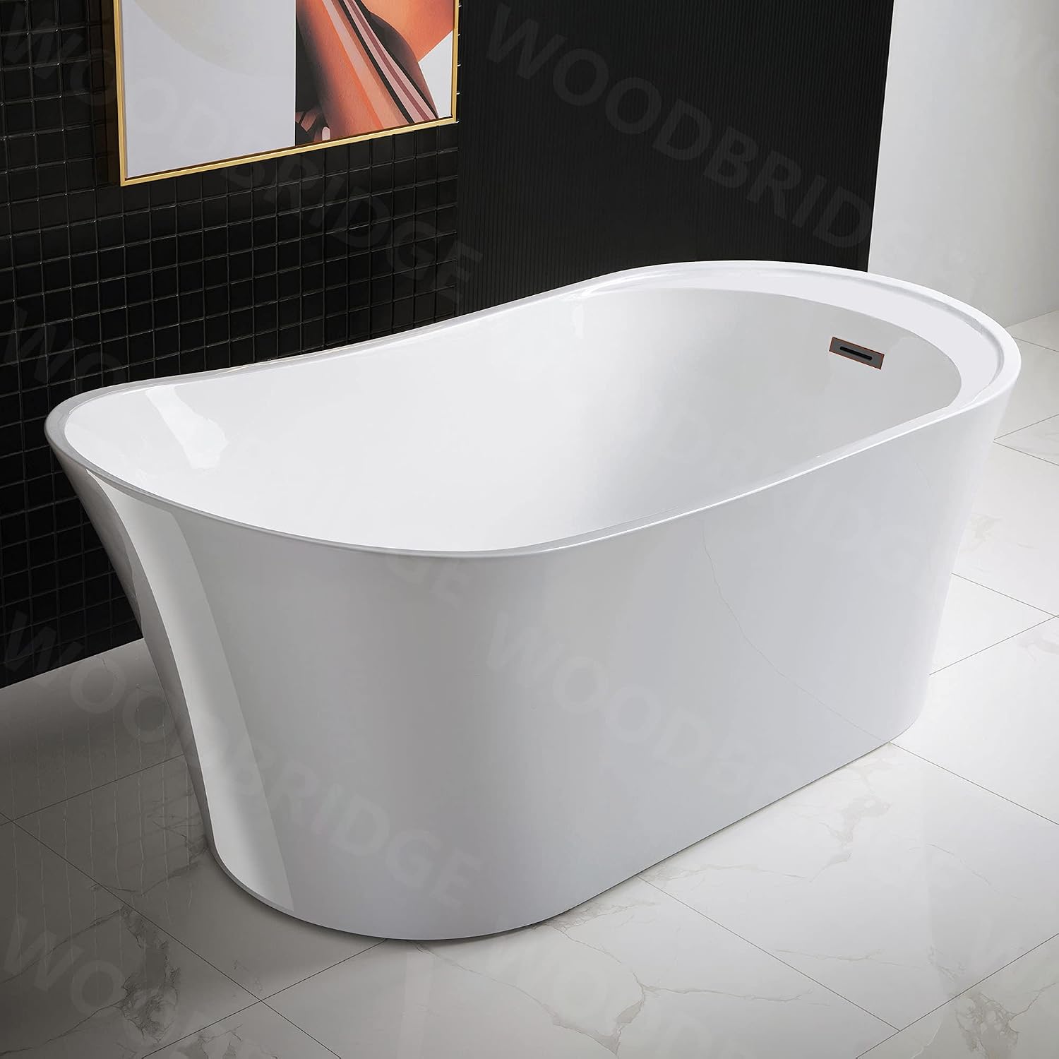 WOODBRIDGE 59' Acrylic Freestanding Bathtub Contemporary Soaking White Tub with Oil Rubbed Bronze Overflow and Drain，B0083-ORB-Drain&O