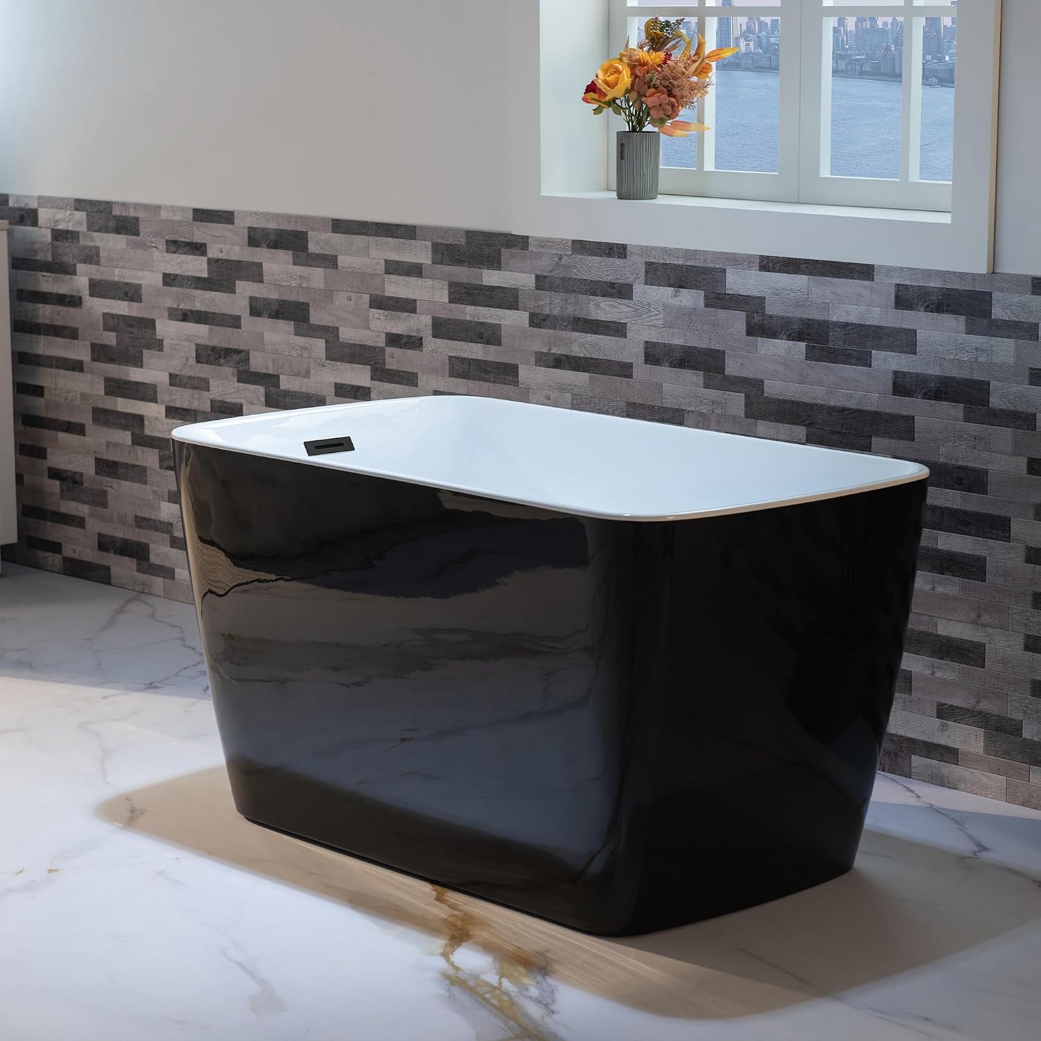 WOODBRIDGE 48' Acrylic Freestanding Square Shape Janpanese Soaking Tub with Pre-molded Seat and Matte Black Pop-UP Drain and Overflow Option, Black, B1870-MB