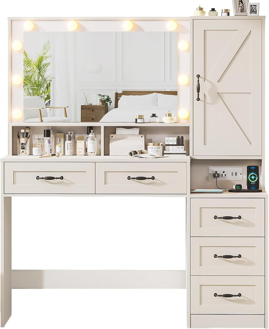 DINGIPP Farmhouse Vanity Desk with Mirror and 10 Led Lights, 45.3' Large Makeup Vanity Table with Power Outlet, 5 Drawers and 1 Cabinet, Vanity Set Dressing Table with 9 Hooks for Women Girls (White)