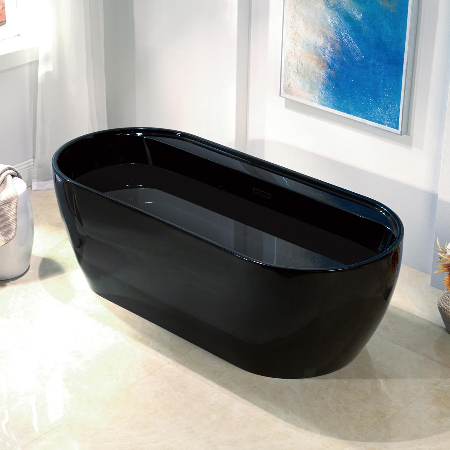 WOODBRIDGE 72' L x 35-3/8' W Freestanding Contemporary Acrylic Soaking Bathtub in Glossy Black Inside and Outside with Oil-Rubbed Bronze Drain & Overflow,B8859-ORB