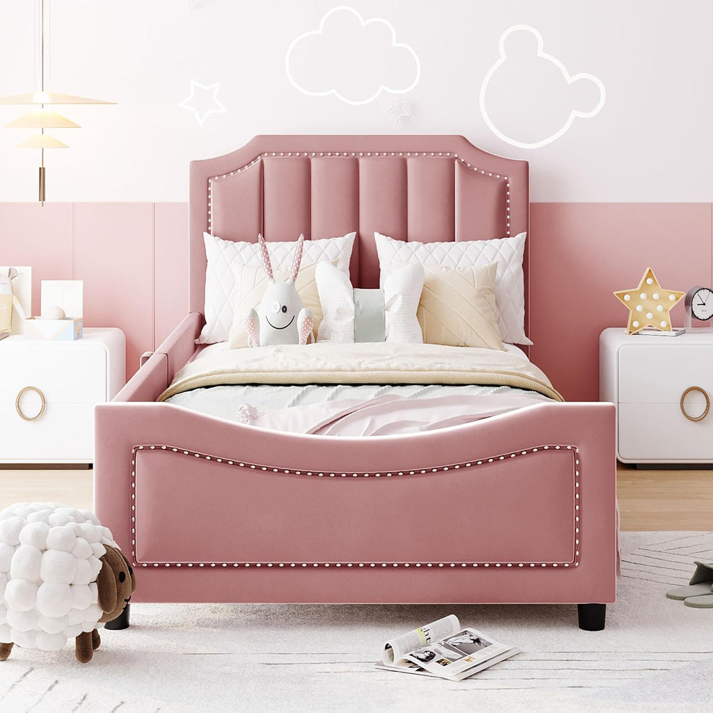 Favfurish Twin Size Upholstered Daybed with Classic Stripe Shaped Headboard,Durable Wooden Platform Bed Frame,No Box Spring Needed,for Kids Teens Adults,Bedroom Guestroom Dorm,Pink