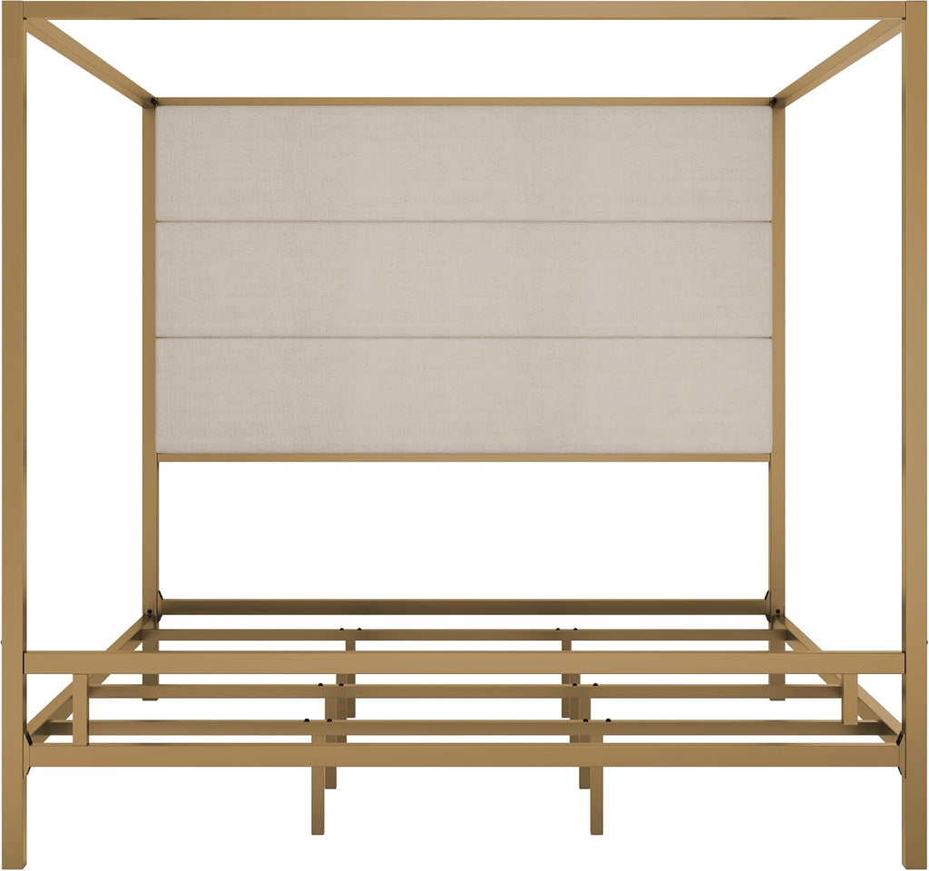King Size Metal Canopy Bed Frame, Canopy Bed with Tall Linen Fabric Upholstered Headboard, Box Spring Needed, Gold+Tan