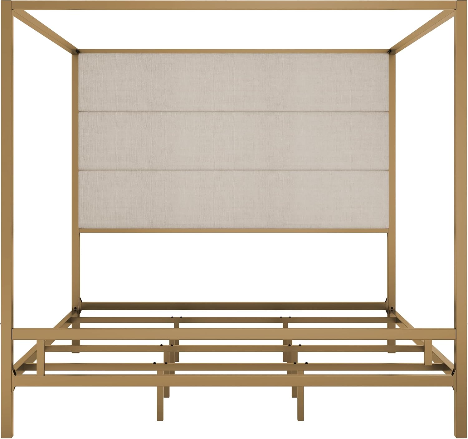 King Size Metal Canopy Bed Frame, Canopy Bed with Tall Linen Fabric Upholstered Headboard, Box Spring Needed, Gold+Tan