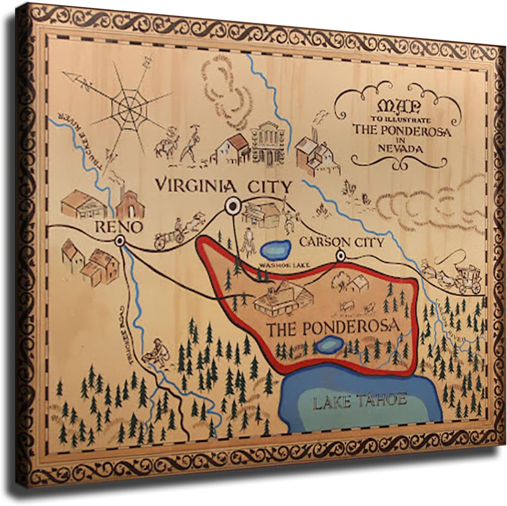 Bonanza Map Reproduction Ponderosa Nevada Art Poster Canvas Print Wall Art Picture Indoor Bedroom Living Room Aesthetic Artwork Garage Cafe Decorative (24×36inch Framed)