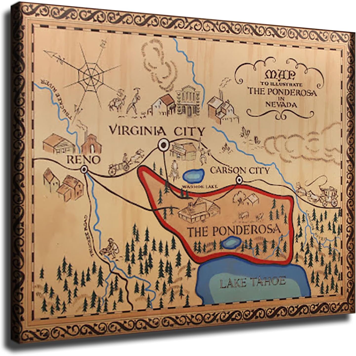 Bonanza Map Reproduction Ponderosa Nevada Art Poster Canvas Print Wall Art Picture Indoor Bedroom Living Room Aesthetic Artwork Garage Cafe Decorative (24×36inch Framed)