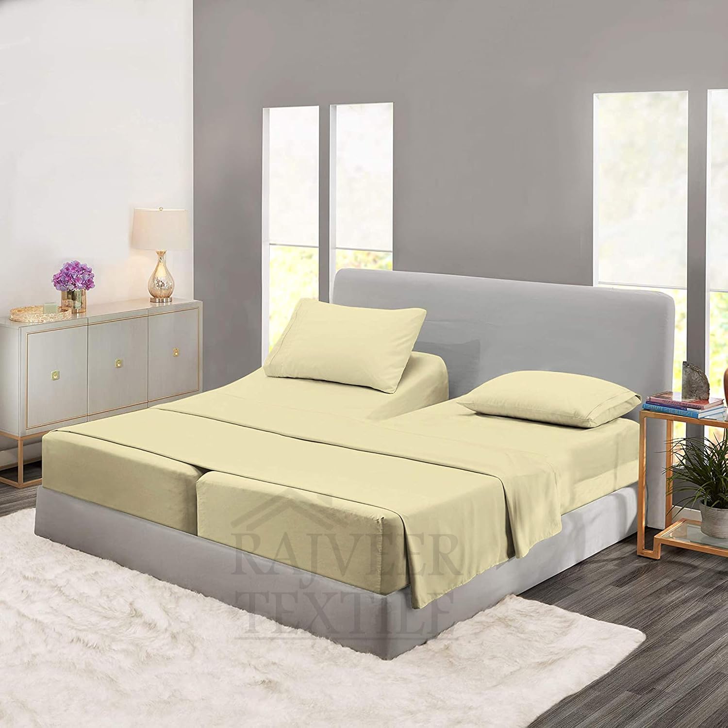 Cotton Home- 5 Pieces Split King Size Ivory Color Sheet Set – Soft Quality Luxury 18 Inch Deep Pocket & Bedding Set with Flat Sheet, Fitted Sheet, 2-Pillow Covers(20' x 30') Inches