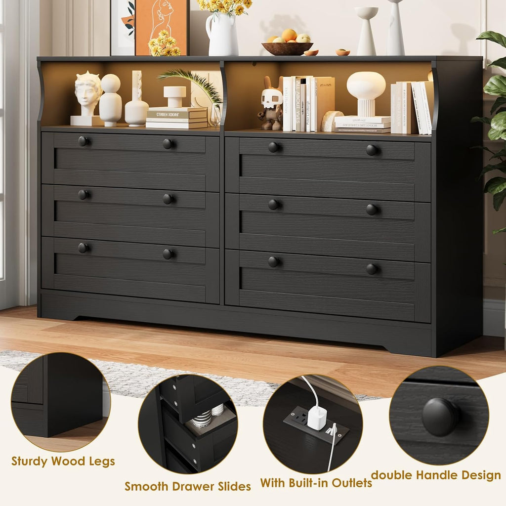 GarveeLife Black Dresser for Bedroom with 6 Drawers, Large Wooden Bedroom Dressers with Power Outlet and Led Lights, 55 in Wide TV Dresser, Wood Modern 6 Drawers Dressers & Chests of Drawers for Room
