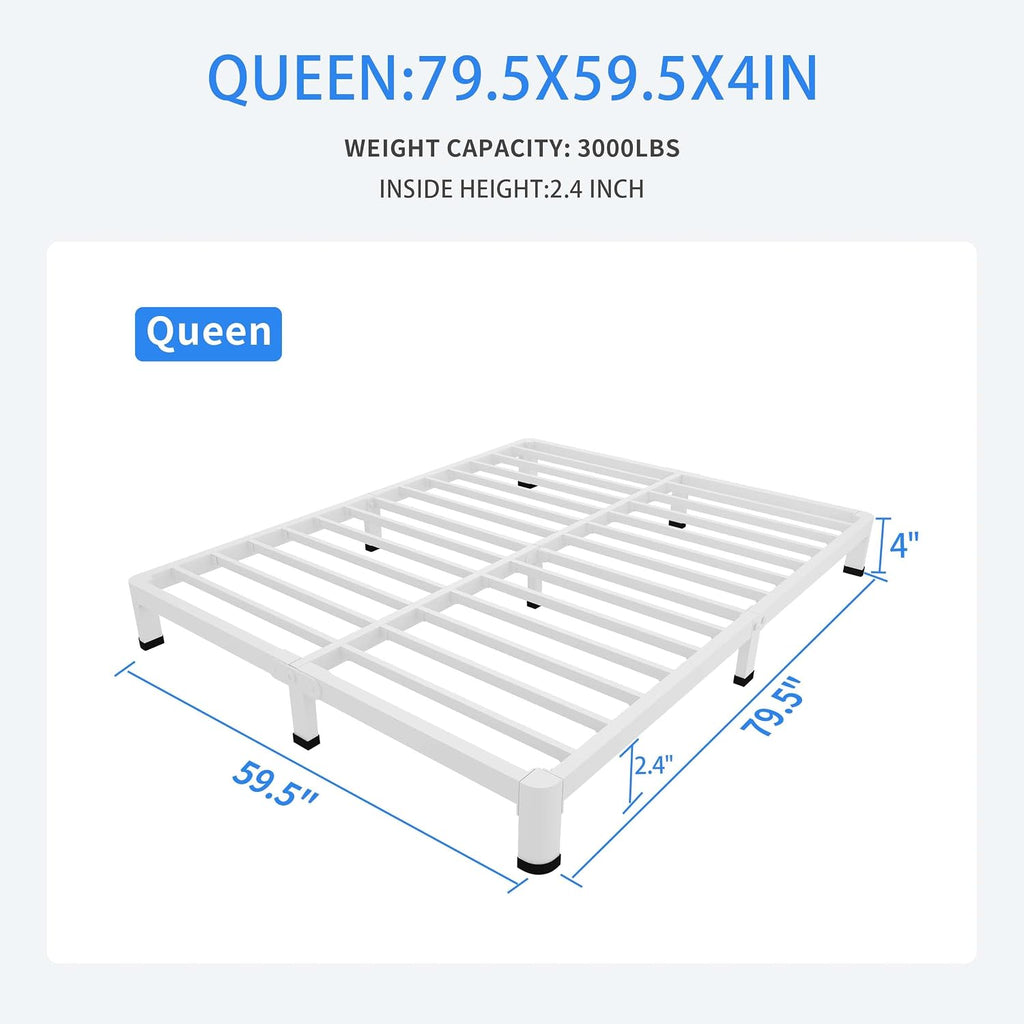 MAF 4 Inch Queen Metal Platform Bed Frame White with Round Corner Legs, Mattress Slide Stopper, 3000 LBS Heavy Duty Steel Slats Support, Noise Free, No Box Spring Needed, Easy Assembly