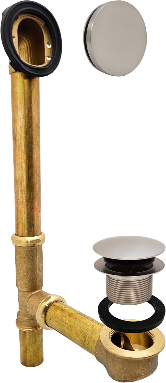 Westbrass A325H-07 14' Brass Bath Waste & Overflow Assembly with European Tip-Toe Drain Plug and Illusionary Faceplate, Satin Nickel