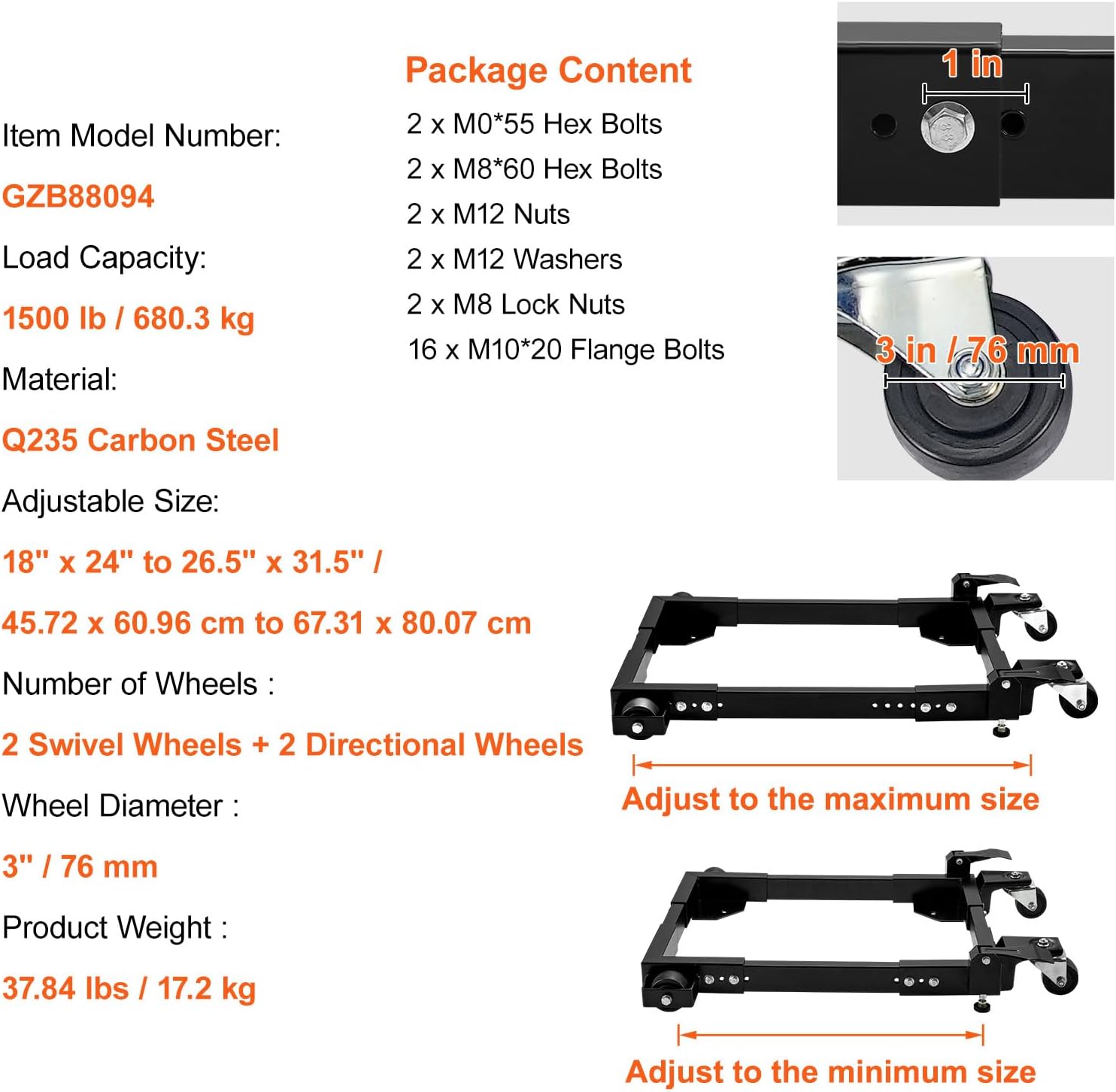 Happybuy Mobile Base, 1500 lbs Capacity, Adjustable from 18' x 24' to 26.5' x 31.5', Heavy Duty Universal Mobile Base Stand with Swivel Wheels