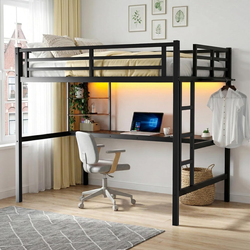 Full Size Metal Loft Bed with Desk, LED Lights & USB Charging Station, Sturdy Noise-Free High Loft Bed Frame with Safety Guardrails, Space-Saving Loft Bedframe for Adults, Kids, Teens, Black (Full)