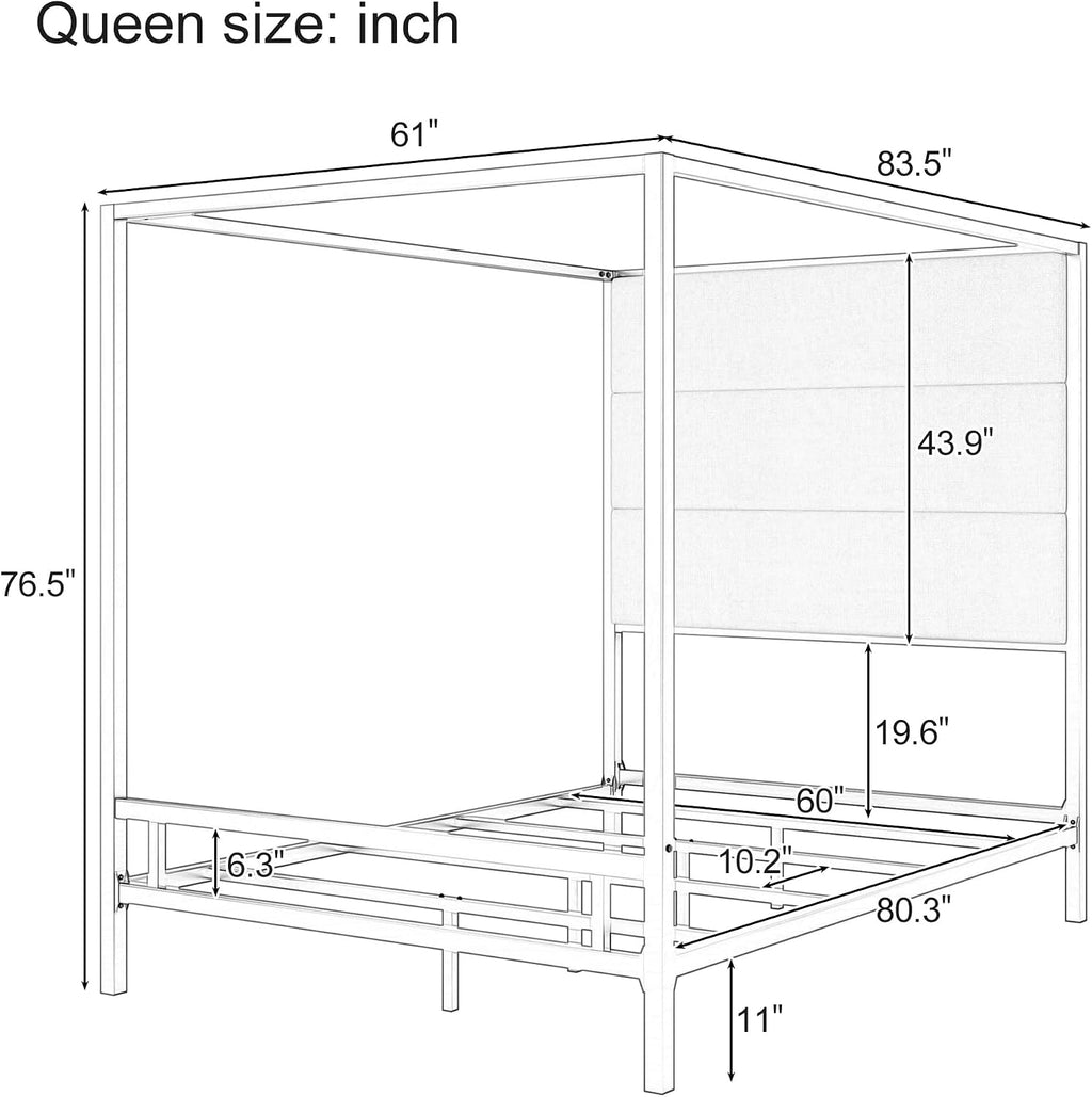 Queen Size Metal Canopy Bed Frame, Canopy Bed with Tall Linen Fabric Upholstered Headboard, Box Spring Needed, Gold+Tan