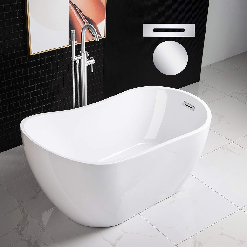 WOODBRIDGE 54' Acrylic Freestanding Bathtub Contemporary Soaking White Tub with Chrome Overflow and Drain，B0006 -C-Drain &O
