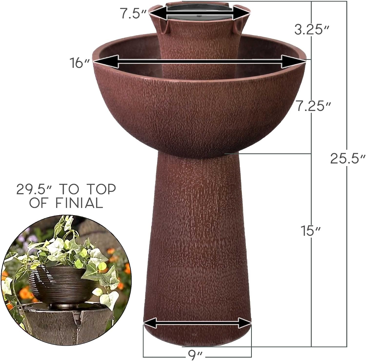 Bernini Alba Cordless Water Fountain, 26' Battery Powered Water Fountains with 3-in-1 Finial, Outdoor or Indoor for Garden, Patio, Porch, & Home, Water Fountain Tower & Planter for Backyard (Taupe)