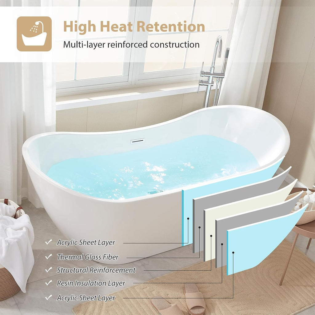 Vanity Art 71' Freestanding Bathtub | Free Standing Tub Stand Alone Tub with Contemporary Design for Soaking and Bathing, Overflow and Pop-up Drain with UPC Certified, Acrylic,VA6517-TG
