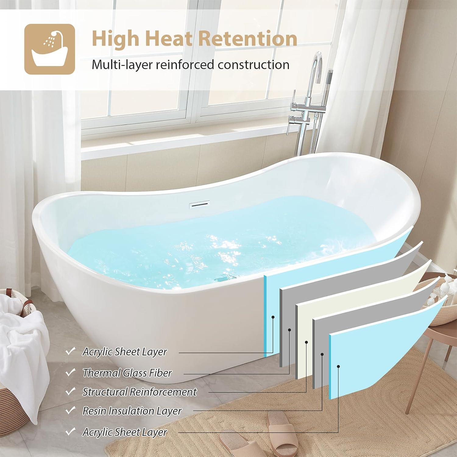 Vanity Art 71' Freestanding Bathtub | Free Standing Tub Stand Alone Tub with Contemporary Design for Soaking and Bathing, Overflow and Pop-up Drain with UPC Certified, Acrylic, VA6517-MB