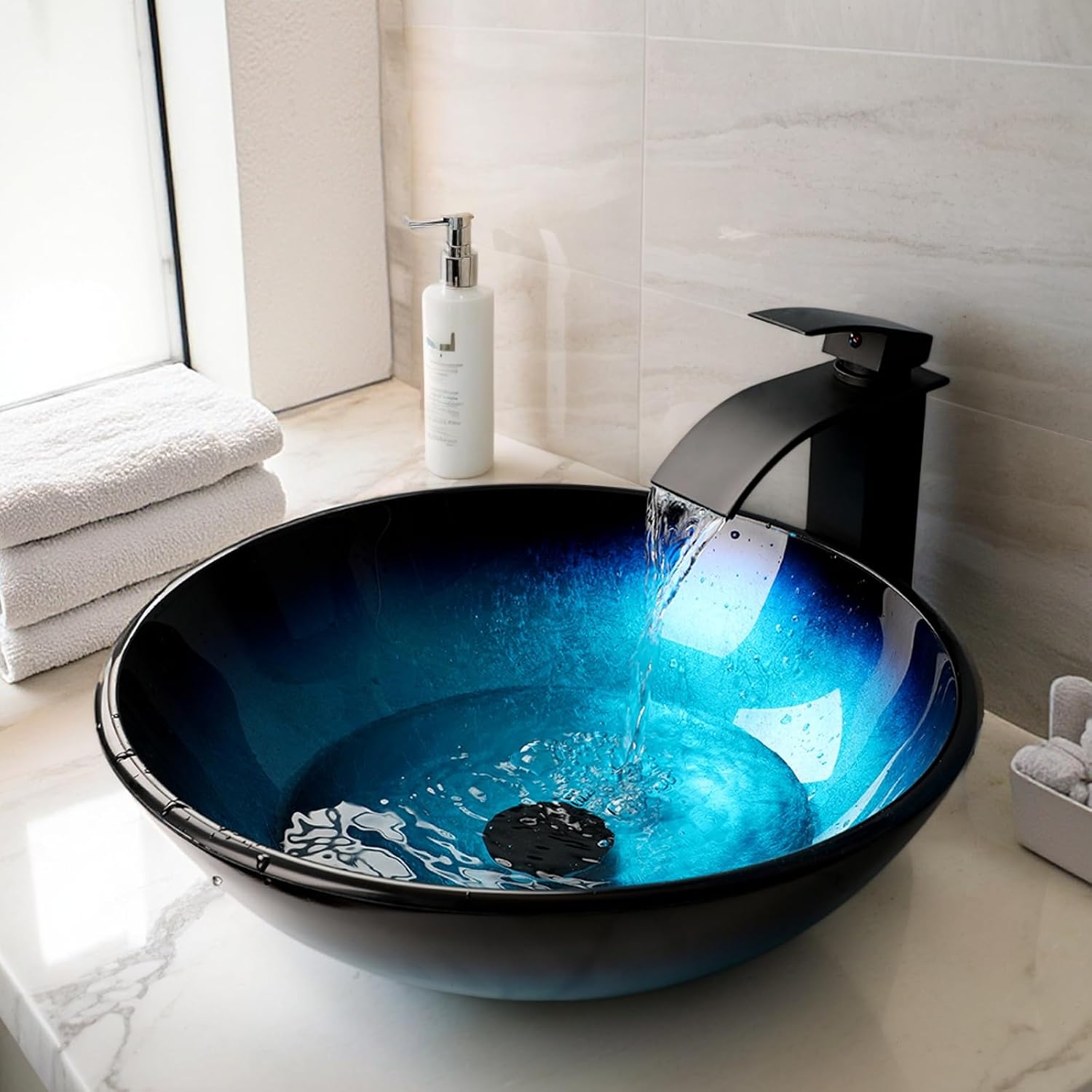 Blue Bathroom Sinks Balck Glass Vessel Sinks for Bathroom Countertop Round Vanity Sink Bowl Combos Black Mixer Faucet and Drain Set Glass Basin Bowl for Bathrooms Large