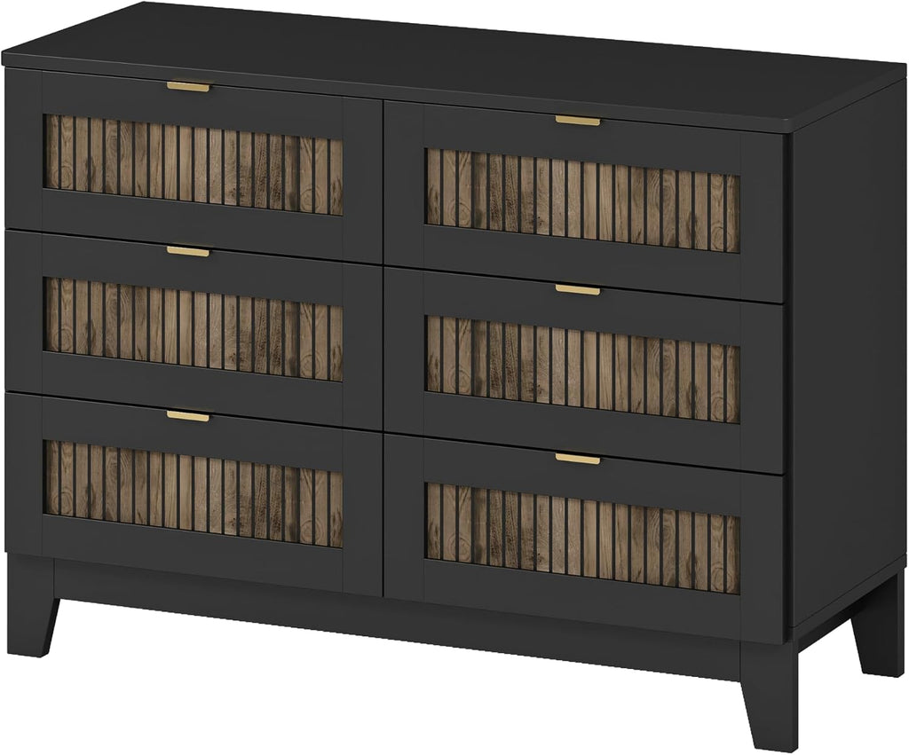 JIJIWANG 4-Pieces Bedroom Sets, Queen Size Farmhouse Platform Bed with Wooden Strip Stickers Decoration, Storage Nightstand and Dresser with Metal Handle, Black