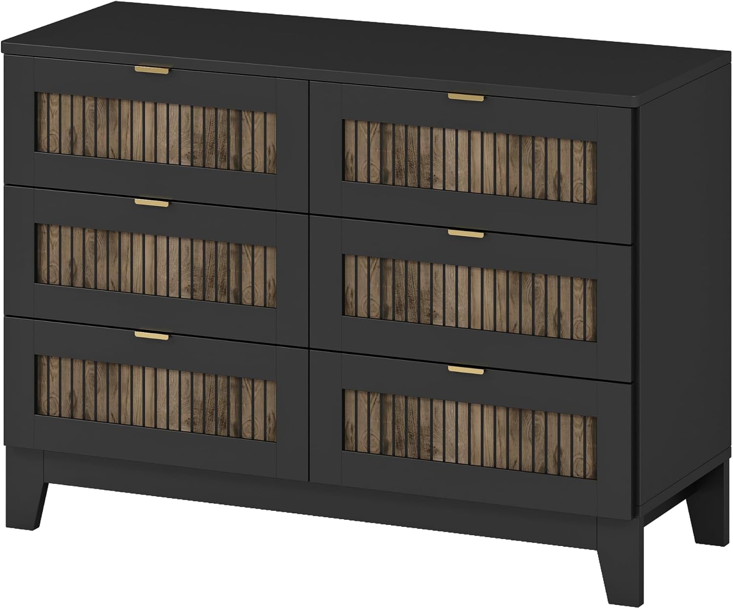 JIJIWANG 4-Pieces Bedroom Sets, Queen Size Farmhouse Platform Bed with Wooden Strip Stickers Decoration, Storage Nightstand and Dresser with Metal Handle, Black