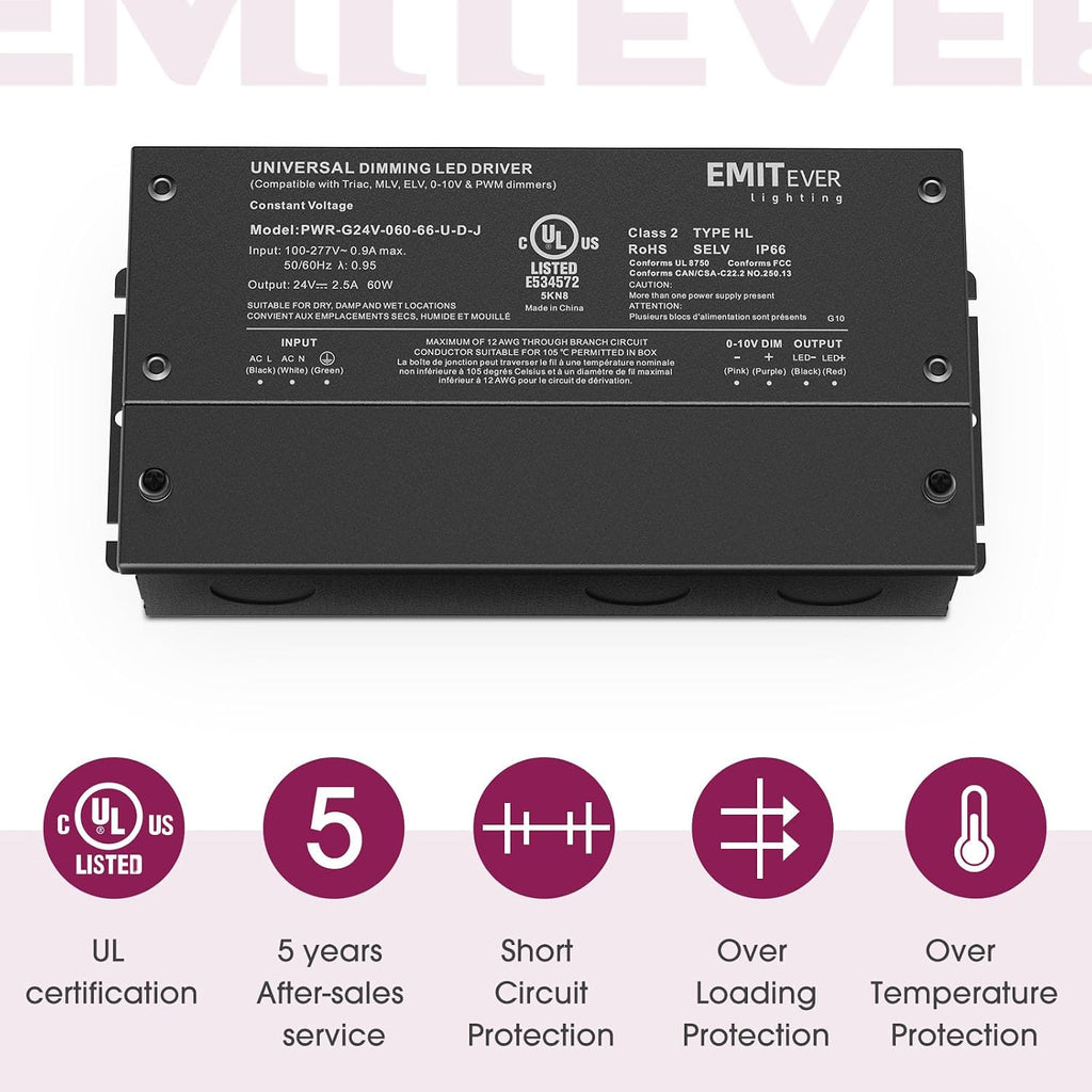 EMITEVER Dimmable Led Driver, 2 Packs 60W AC 110V-277V to DC 24V Transformer, 5-in-1 Dimming: ELV/MLV/TRIAC / 0-10V / 1-10V / 10V PWM/Potentiometer, Waterproof IP67 and UL Listed,Class 2
