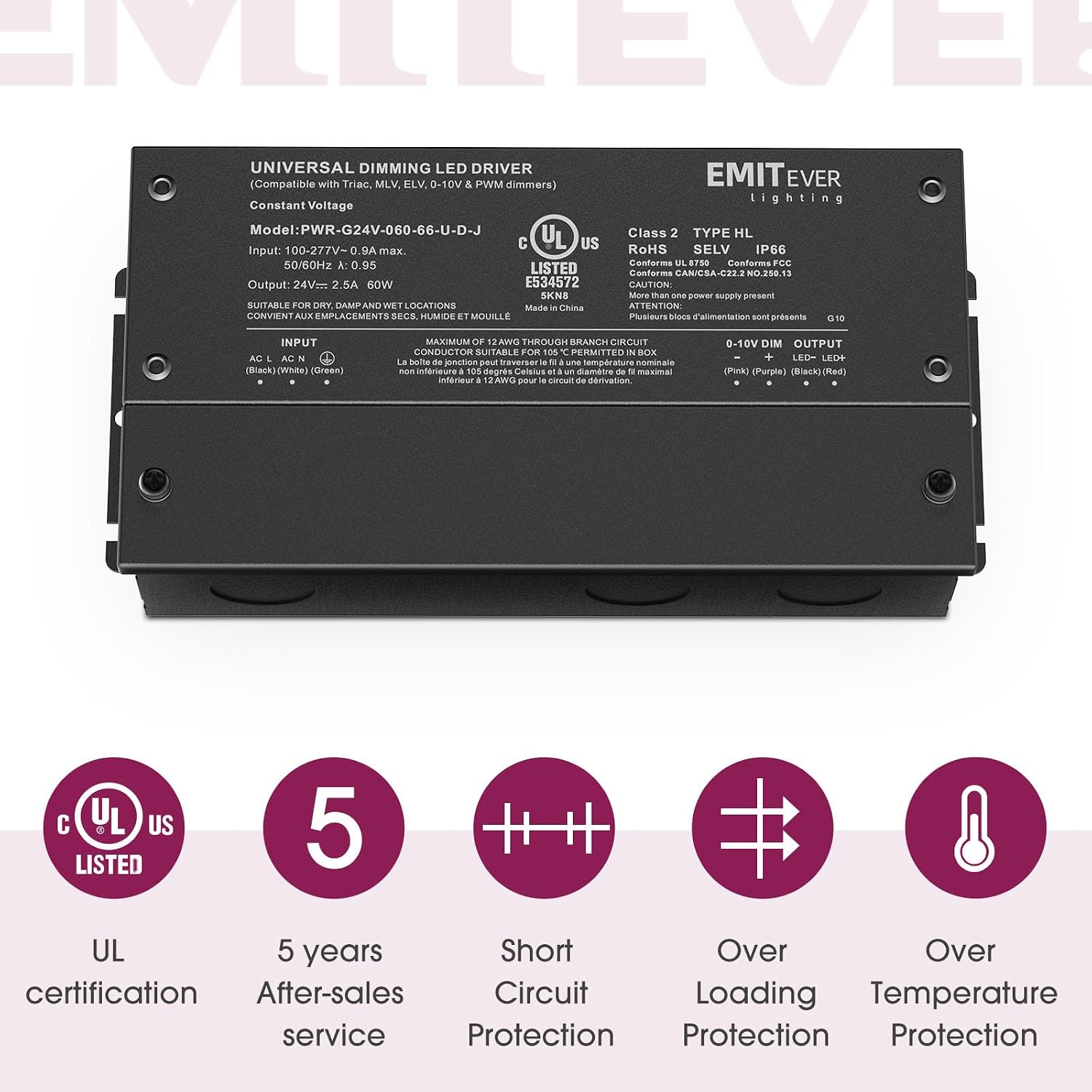 EMITEVER Dimmable Led Driver, 2 Packs 60W AC 110V-277V to DC 24V Transformer, 5-in-1 Dimming: ELV/MLV/TRIAC / 0-10V / 1-10V / 10V PWM/Potentiometer, Waterproof IP67 and UL Listed,Class 2