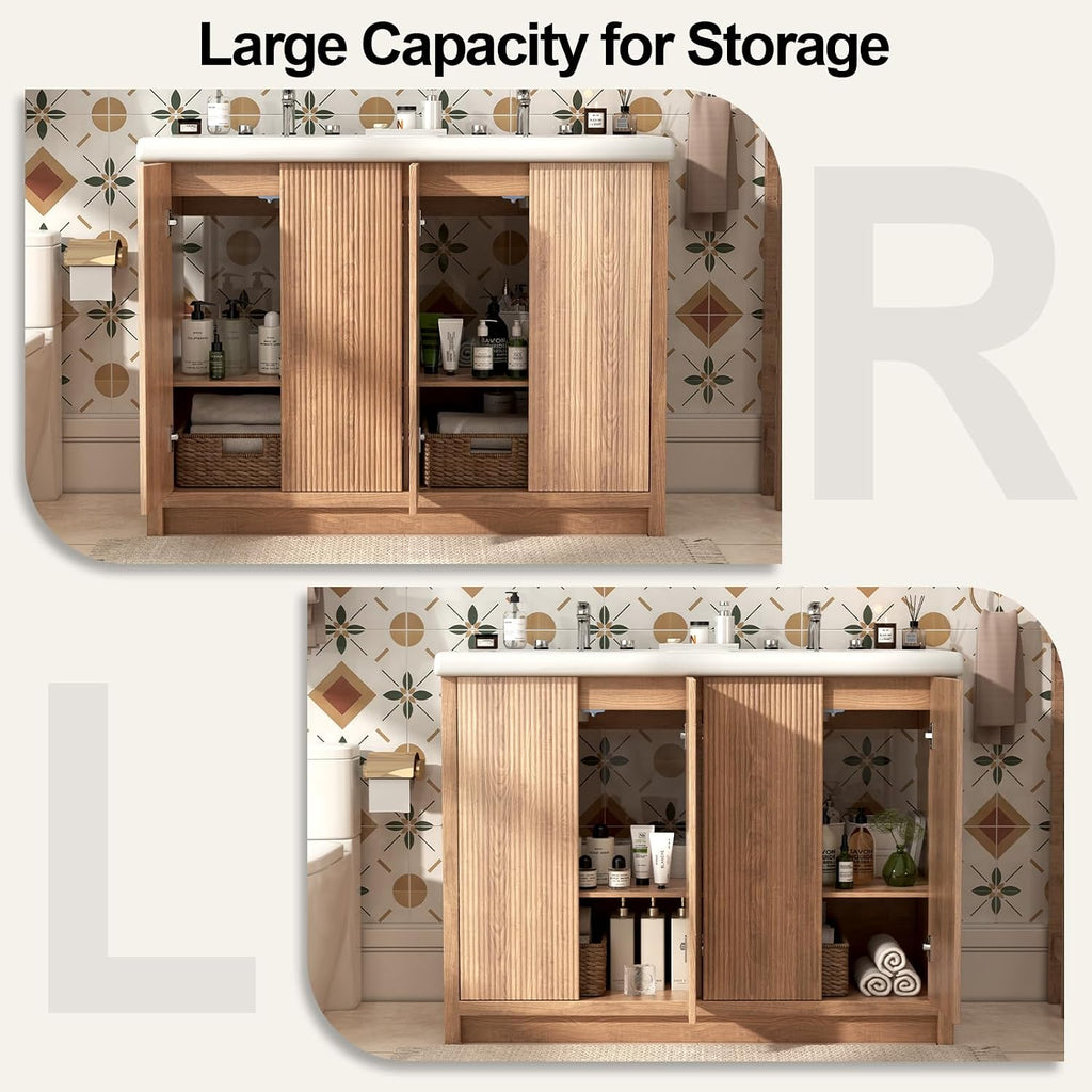 46.7 inch Bathroom Sink Vanity Combo, Large Freestanding Double Bath Vanity Sink Set with 4 Cabinets, Dual Basin Bathroom Storage Cabinet, Natural Wood Color