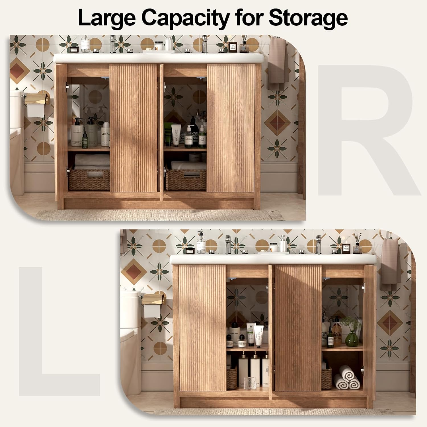 46.7 inch Bathroom Sink Vanity Combo, Large Freestanding Double Bath Vanity Sink Set with 4 Cabinets, Dual Basin Bathroom Storage Cabinet, Natural Wood Color