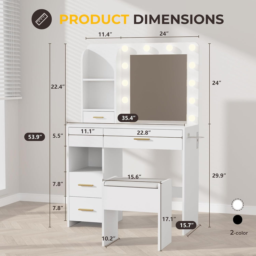 Otterease Vanity Desk with LED Lighted Mirror&Power Outlet, 3 Lighting Colors Makeup Vanity Desk with 5 Large Drawers and 3 Storage Shelves, White Vanity with Storage Stool for Bedroom