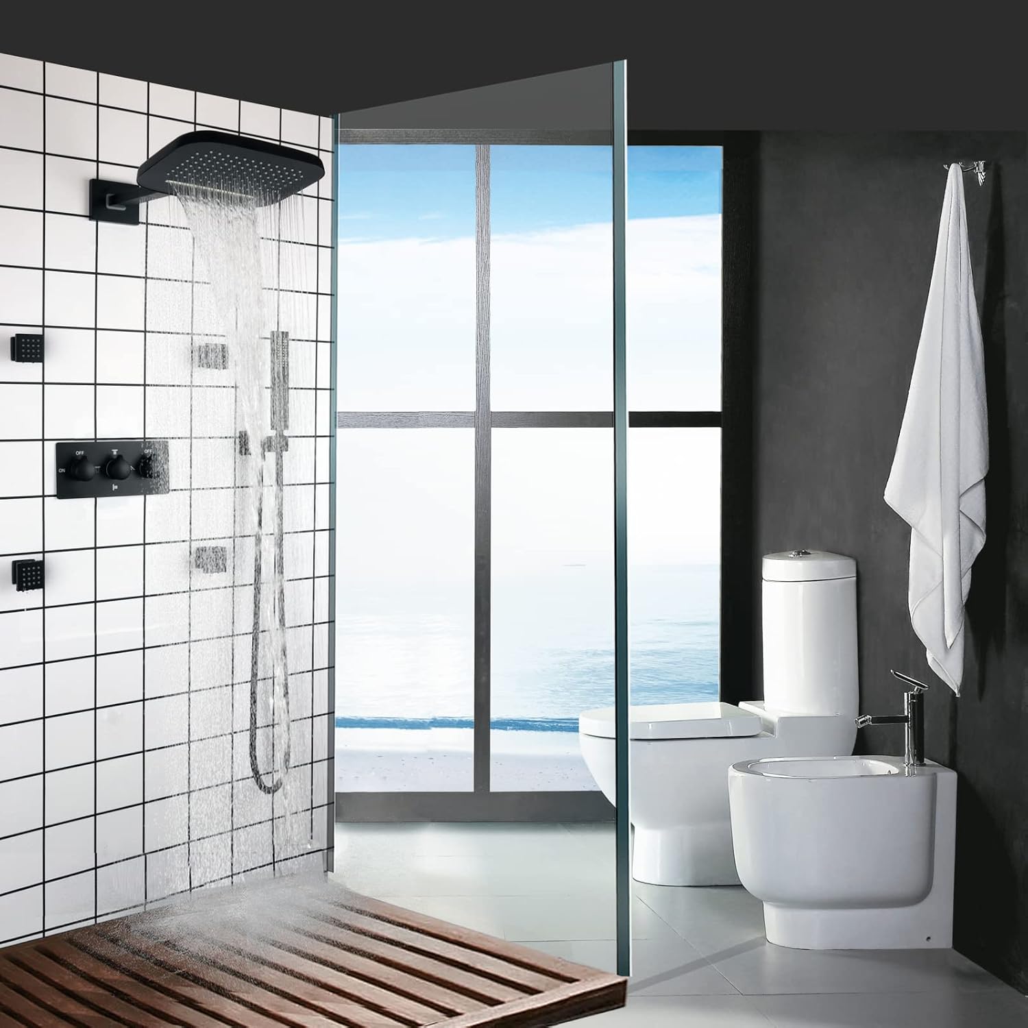 Waterfall Rain Shower System Wall Mounted Brass Shower Head and Handheld Sprays Massage Spa Body Combo Set (Matte Black)