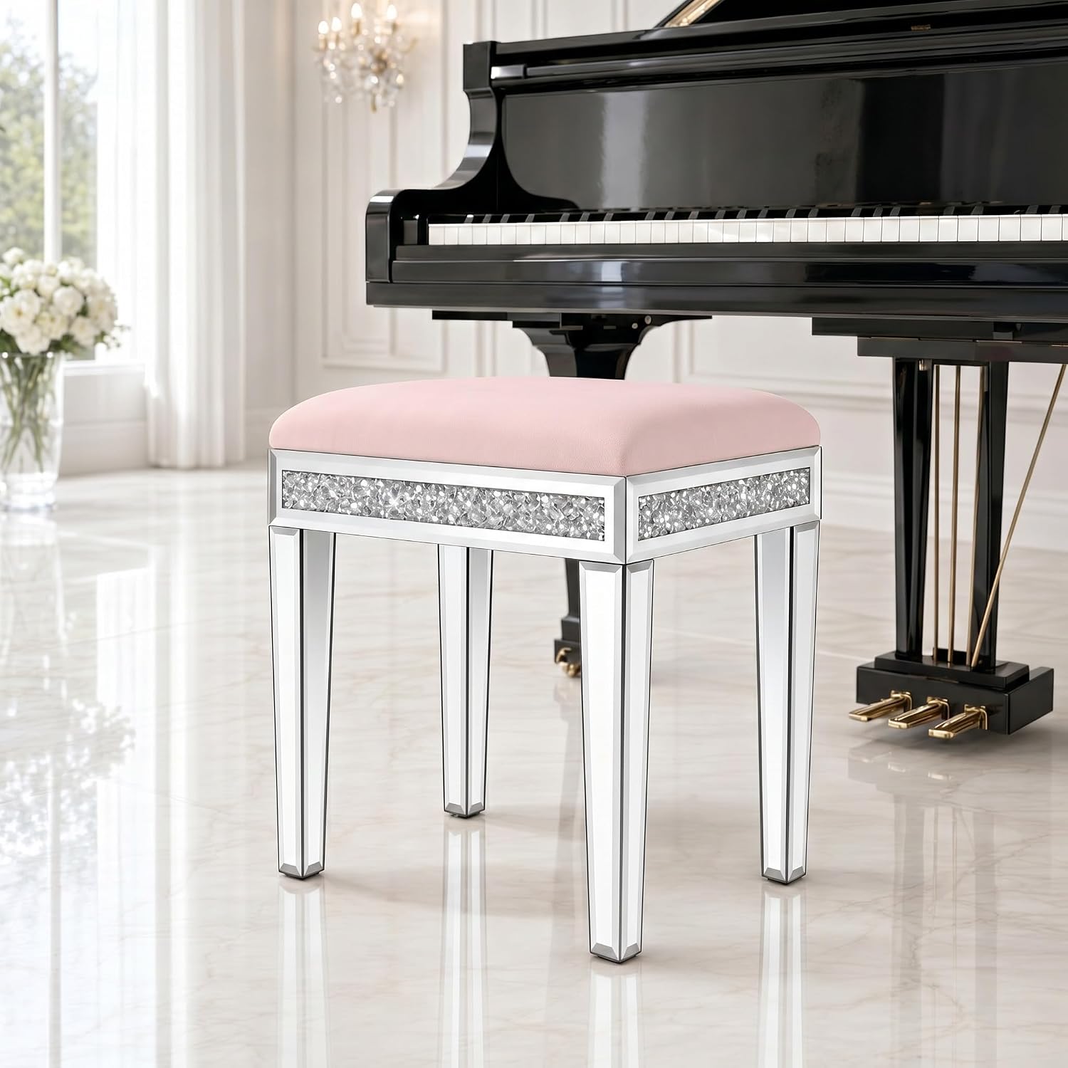 Vanity Stool with Storage – Mirrored Legs, Velvet Cushioned Ottoman, Hidden Compartment, Sparkling Diamond Trim, Glam Makeup Chair & Piano Bench - Silver & Pink