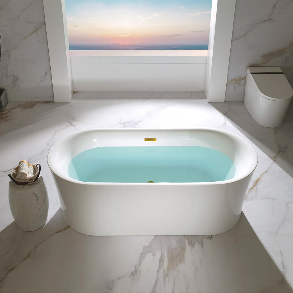 WOODBRIDGE 67' Acrylic Freestanding Bathtub Contemporary Soaking Tub with Brushed Gold Overflow and Drain,White Tub,B0057-BG