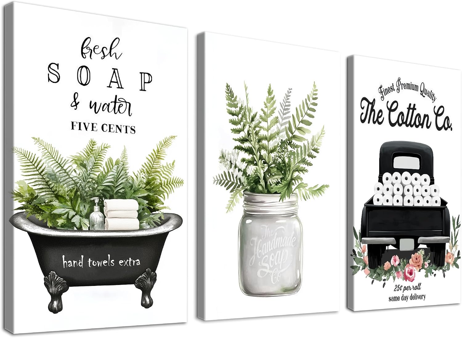 3 Piece Farmhouse Bathroom Decor Wall Art-Rustic Bathroom Canvas Print for Country Room Wall Decor, Rustic Botanical Bathtub Bathroom Decor, Vintage Framed Botanical Artwork for Bathroom 24'x36'x3Pcs