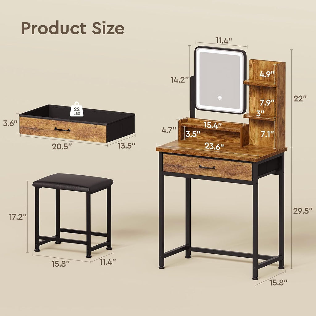 YeTom Makeup Vanity Desk with Mirror and Lights, Small Vanity with Fabric Storage Drawer & Chair & Shelves, Rustic Brown Compact Makeup Vanity Set for Bedroom