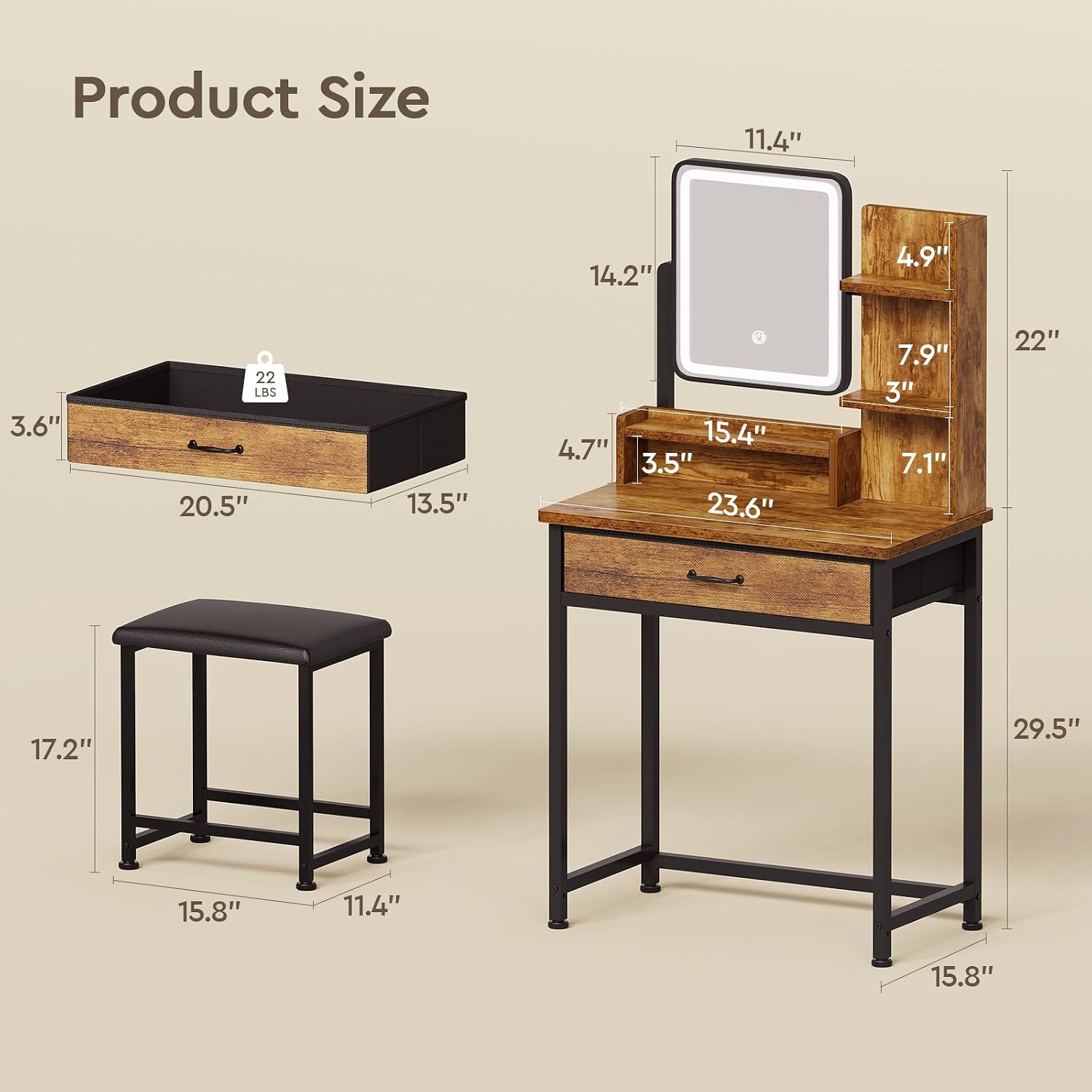 YeTom Makeup Vanity Desk with Mirror and Lights, Small Vanity with Fabric Storage Drawer & Chair & Shelves, Rustic Brown Compact Makeup Vanity Set for Bedroom