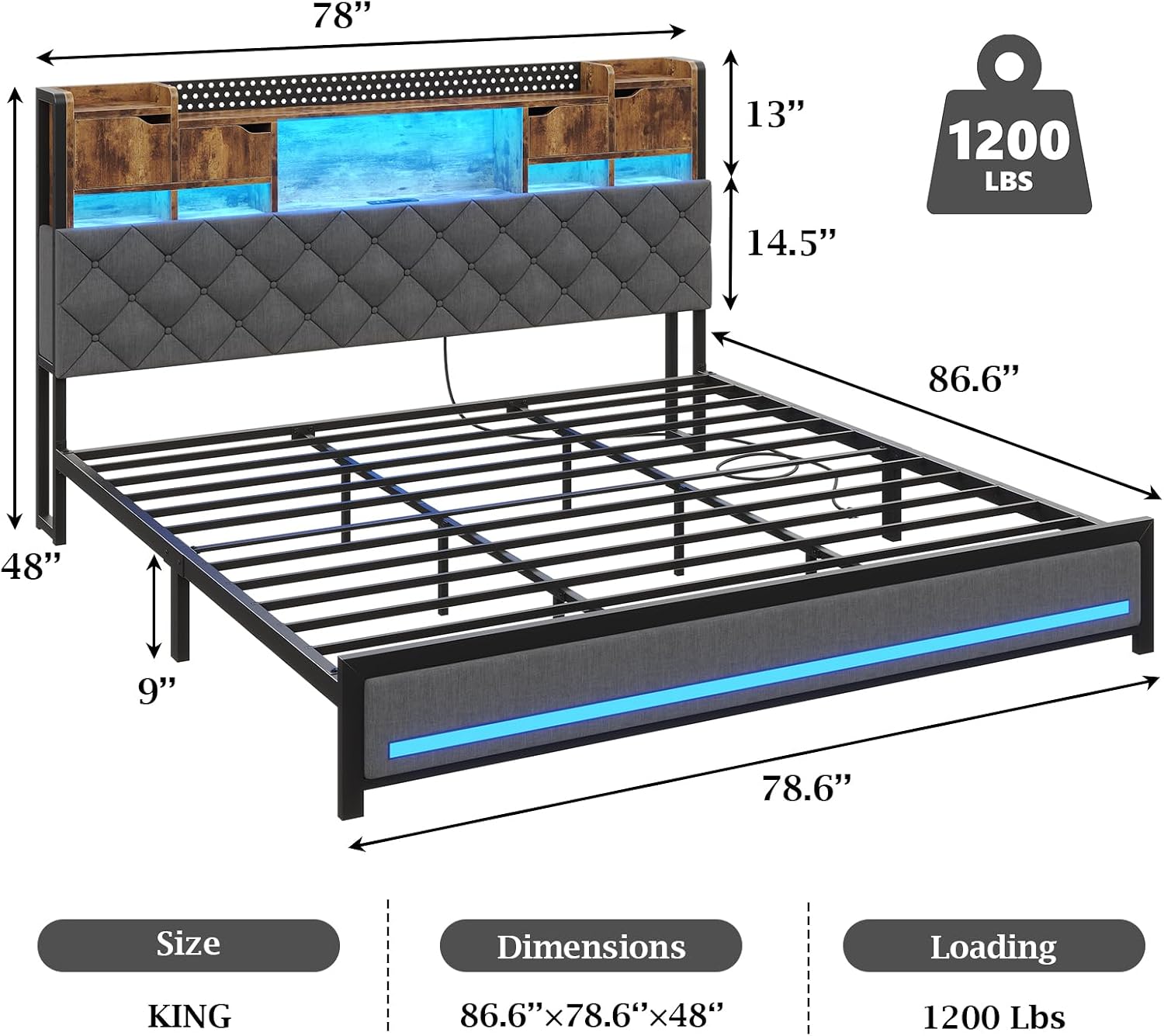 BYSAUD King Size Bed Frame, King Bed Frame with Storage Headboard, Upholstered Platform Bed Frame with LED Lights and Charging Station, Noise Free, Heavy Duty Metal Slats, Easy Assembly, Gray