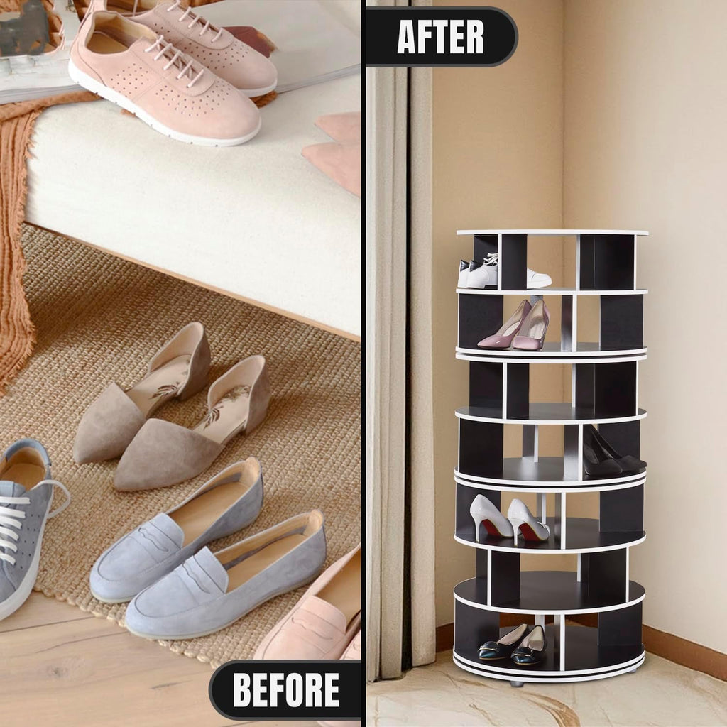 Kings Brand Furniture Cassidy Revolving Shoe Rack, Spinning Shoe Rack Tower, 360° Revolving Shoe Storage Organizer for Closet Entryway Bedroom Hallway (Black, 7-Tier)
