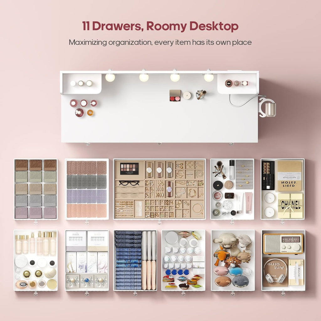 HAUOMS Vanity with Lights and Mirror, 11 Drawer Makeup Vanity with Power Strip, 6 Open Shelves, 43.3' Vanity Desk with Storage, Dressing Table with 3 Color Modes for Bedroom, Women, Girls (White)